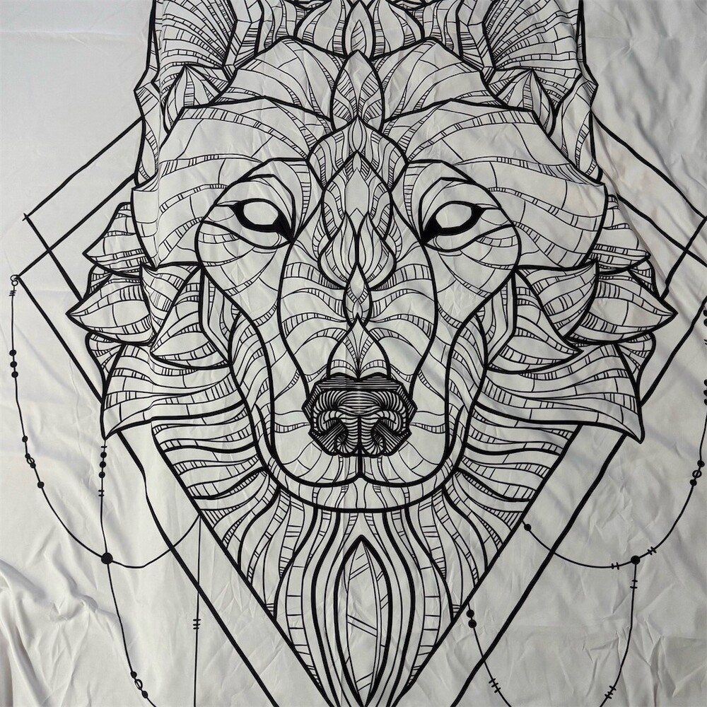 Society6 Tapestry Black & White Wolf Geometric Line Art Wall Hanging 66x78